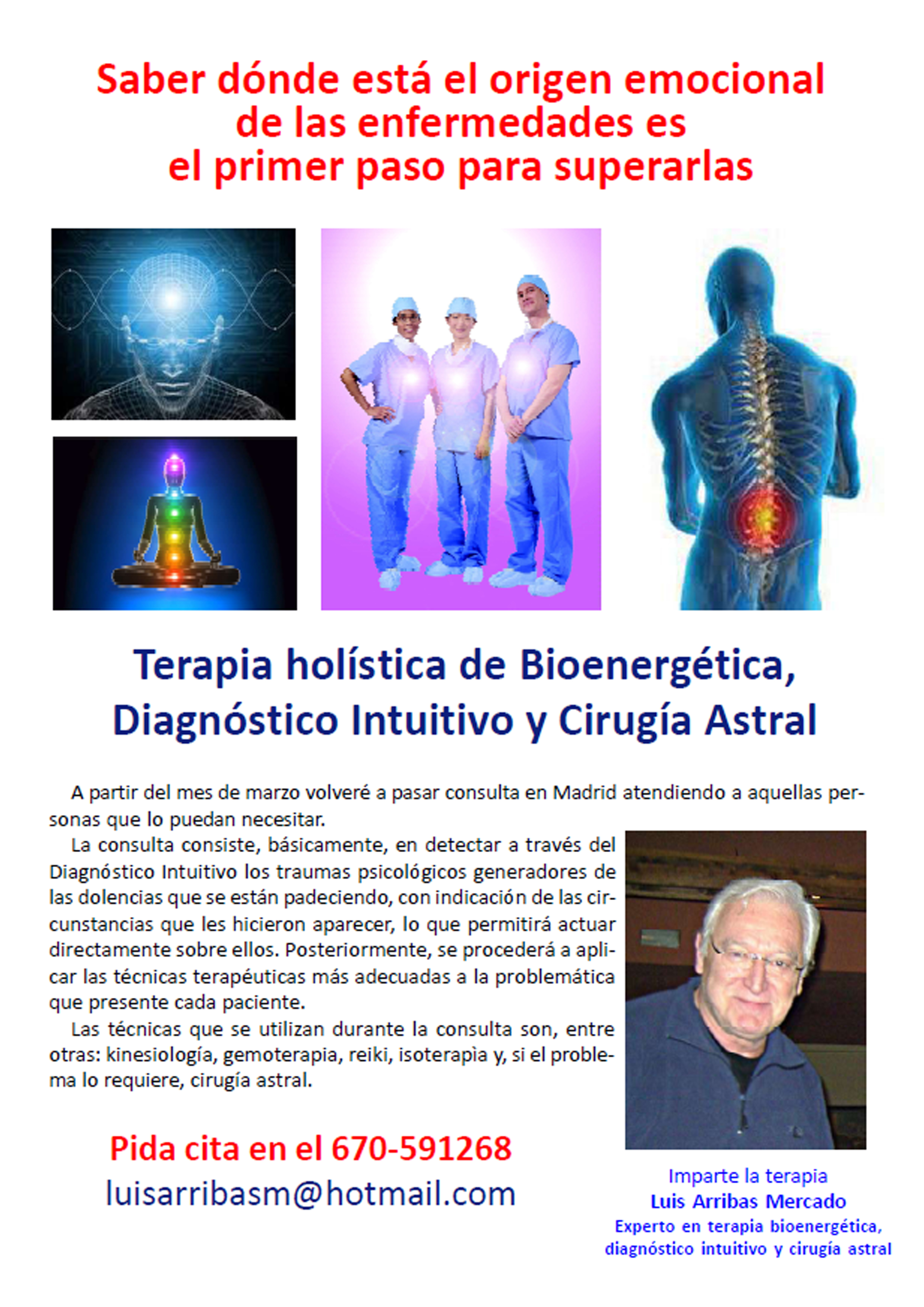 Terapia holística de bioenergética, diagnóstico intuitivo y cirugía astral